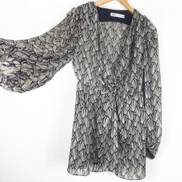 Zara Mini Dress 70s Gray Black Knotted Metallic Thread Draped Large 8677/067 - Picture 11 of 13